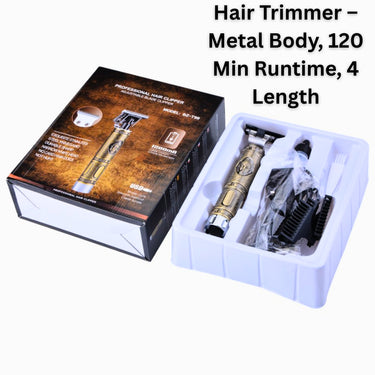 Maxtop MP-98 Hair Trimmer – Metal Body, 120 Min Runtime, 4 Length Settings, Stylish Grooming Tool (Gold)